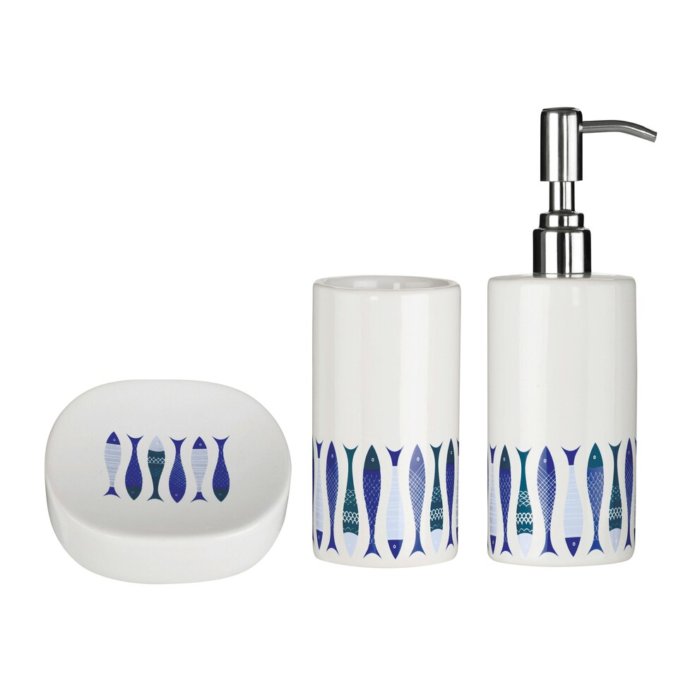 image 1 of Interiors by Premier Modern White & Blue 3 Piece Bathroom Set, Dolomite Accessories Set With Dispenser, Rinse Cup, & Soap Holder