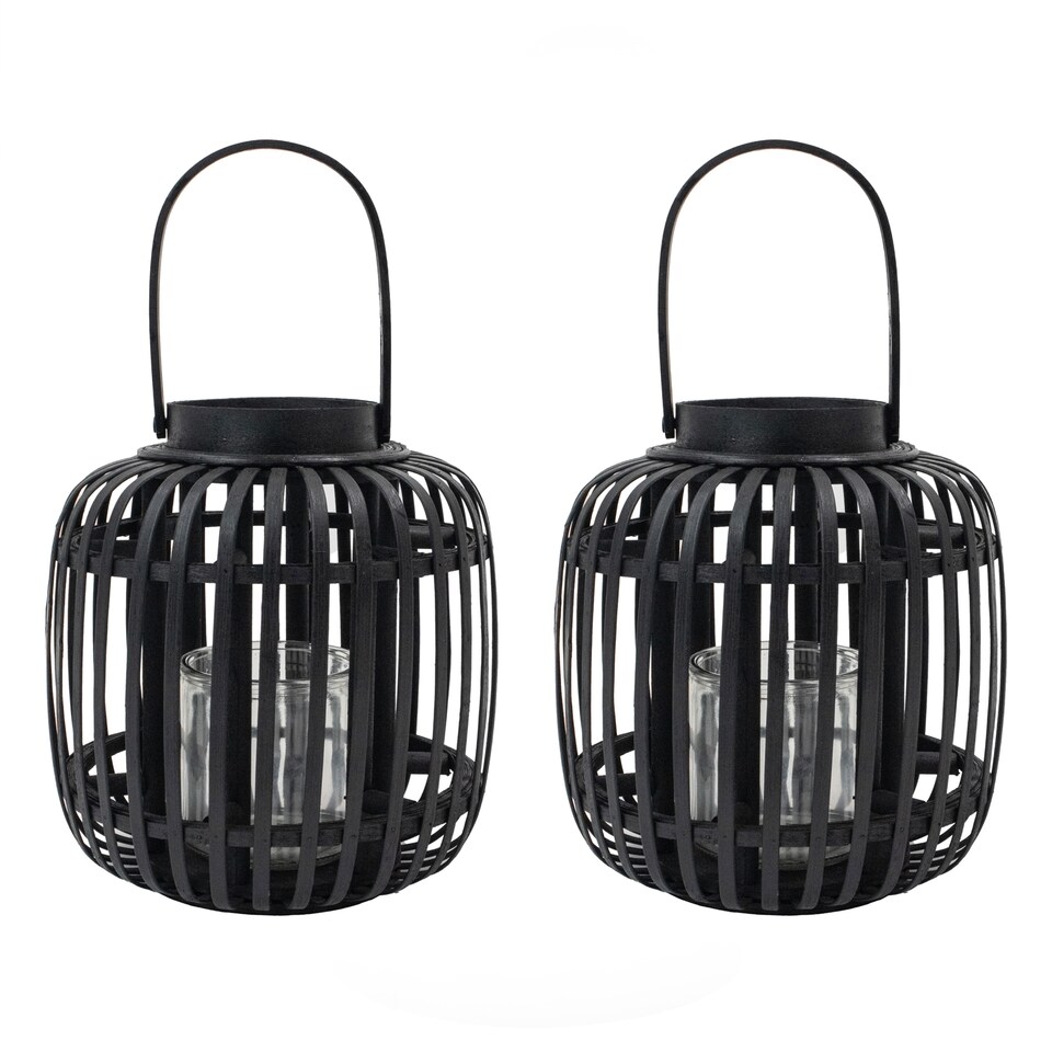 image 1 of JVL Luna Set of 2 Natural Bamboo Lantern With Handle, Black
