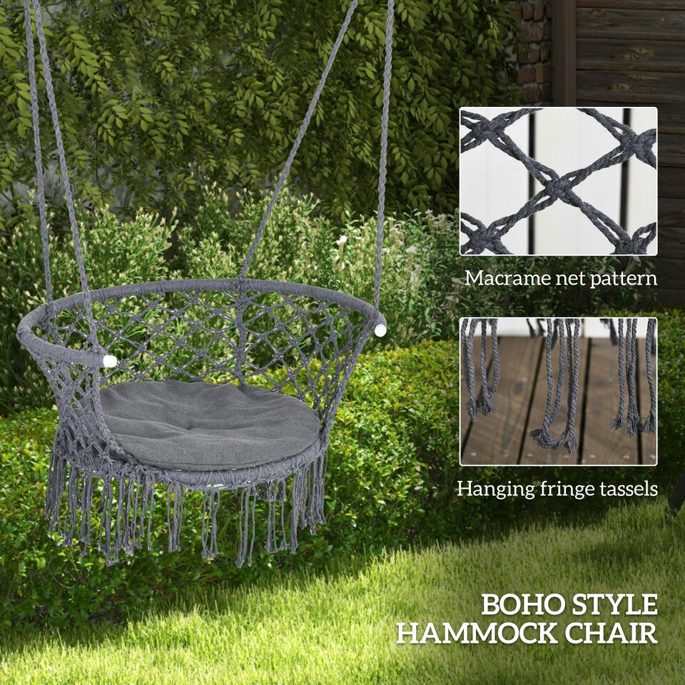 image 1 of Outsunny Hanging Hammock Chair Macrame Seat for Outdoor Patio Garden Dark Grey