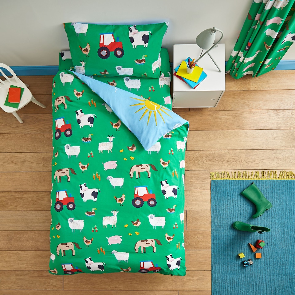 image 1 of Farmyard Animals Reversible Duvet Cover Set | Blue