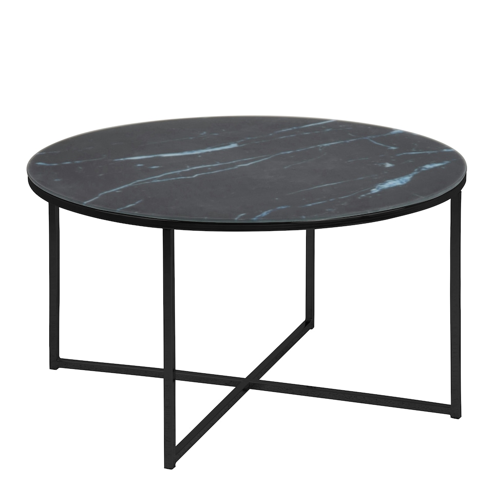 image 1 of Alisma Round Coffee Table with Black Marble Effect Glass Top & Black Legs