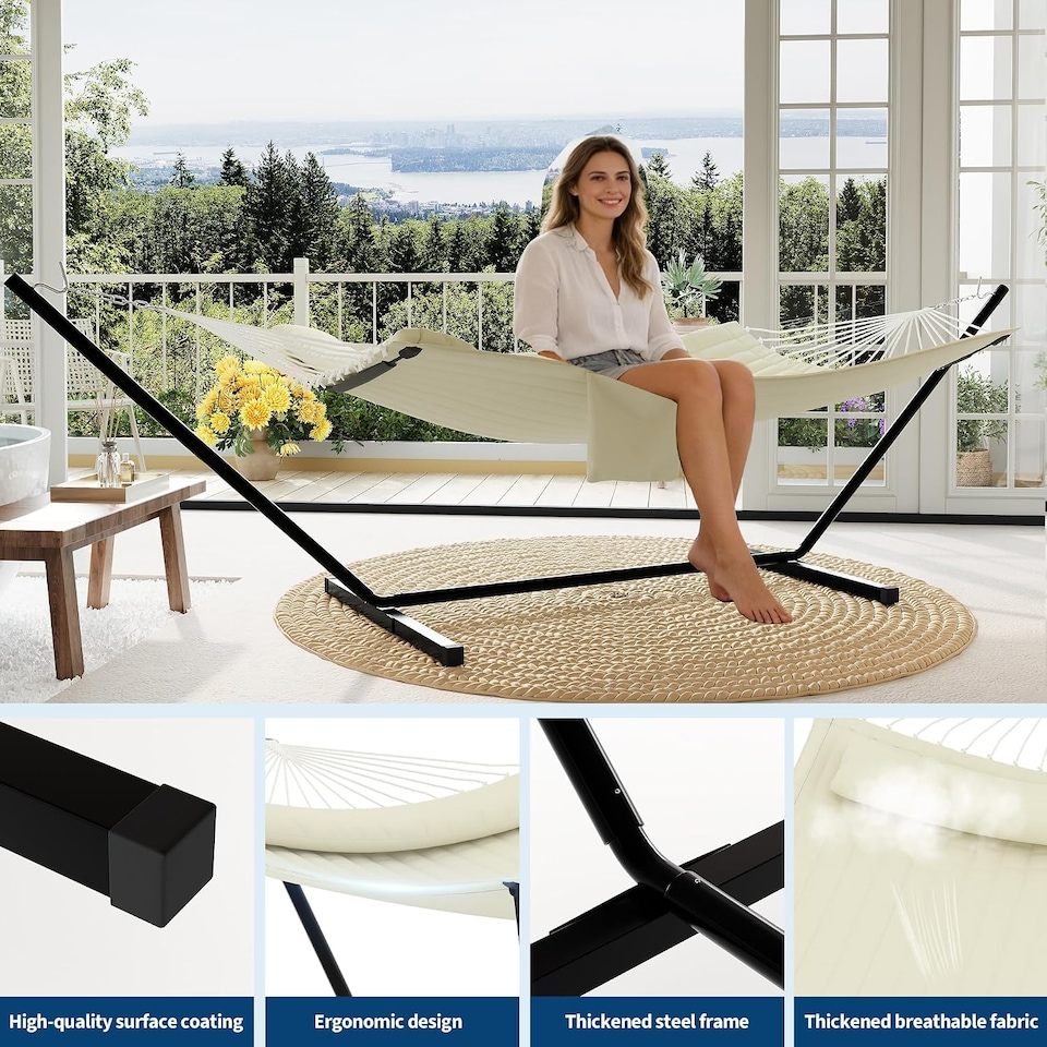 image 1 of London Boutique 12FT Double Hammock with Stand, Garden Hammock with Pillow and Balance Ropes, Beige