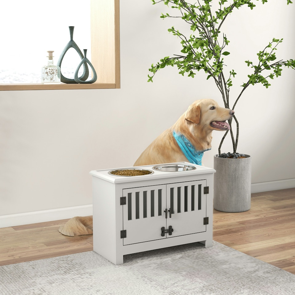 image 1 of PawHut Raised Dog Bowls for Large Dogs Feeding Station w/ Stand, Storage - White