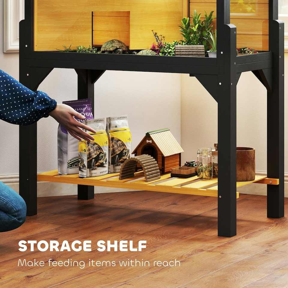 image 1 of PawHut Wooden Tortoise House with Storage Shelf, Clear Observation Windows