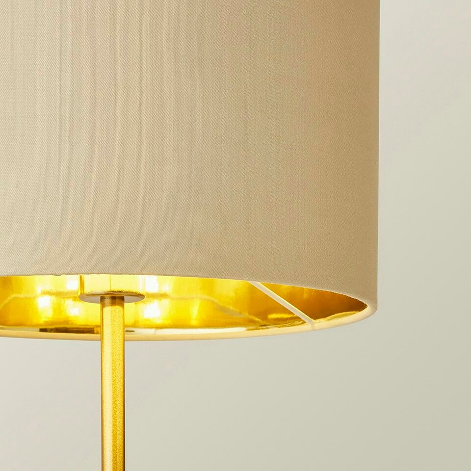 image 1 of ValueLights Christina Natural with Metallic Gold Drum Shade Gold Palm Leaf Table Lamp & Bulb Gold