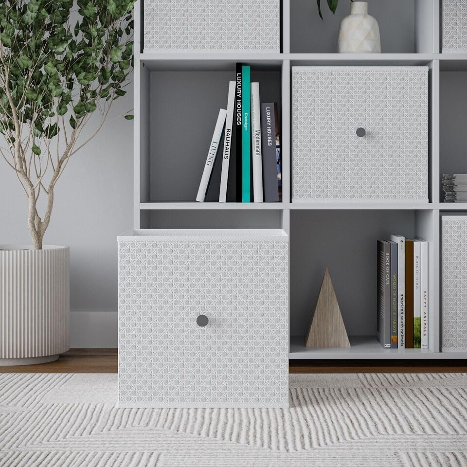 image 1 of Foldable Woven Fabric Storage Cube Box Drawer Insert Organiser Basket with Handle | White | White | Pack of 6 | 6