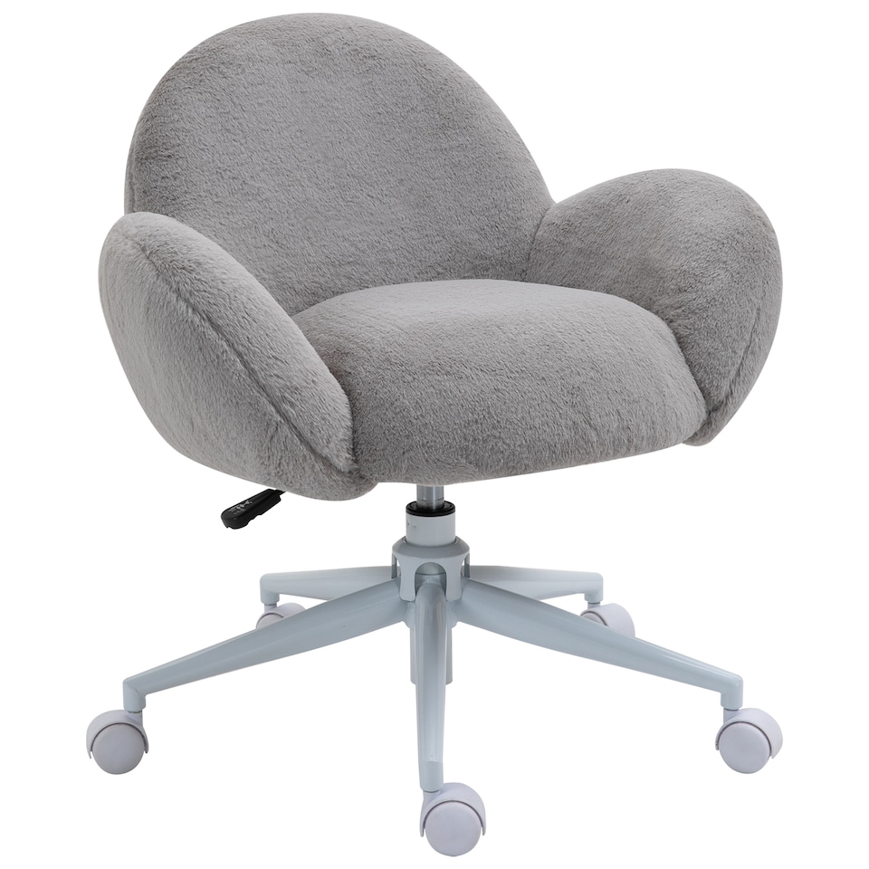 image 1 of HOMCOM Fluffy Desk Chair, Cute Makeup Vanity Chair with Rolling Wheels for Home Bedroom Living Room, Grey