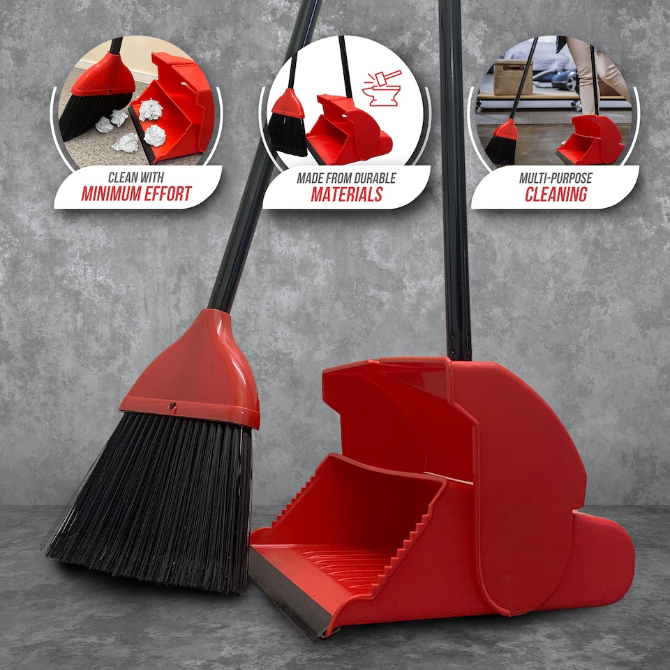 image 1 of Long Handled Dustpan and Brush Set Upright Sweeping Broom with Self Closing Lid