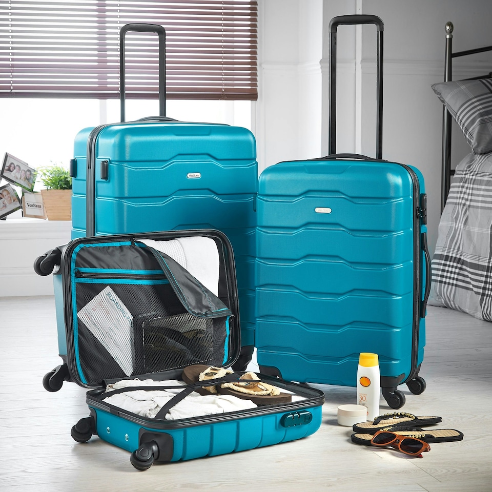 image 1 of VonHaus 3pc Teal Luggage Set, 360° Silent Spinner Wheels Blue