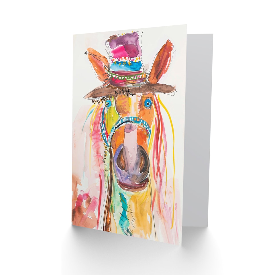 image 1 of Hippie Horse Hat Fun Colourful Child Painting Birthday Card