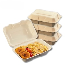 Bagasse Sugarcane Takeaway Meal Boxes 9x6 Clamshell Food Containers TUV Home Compostable Certified, Unbleached, PFAS Free & Sturdy for Hot & Cold Food, Restaurants, BBQs Parties