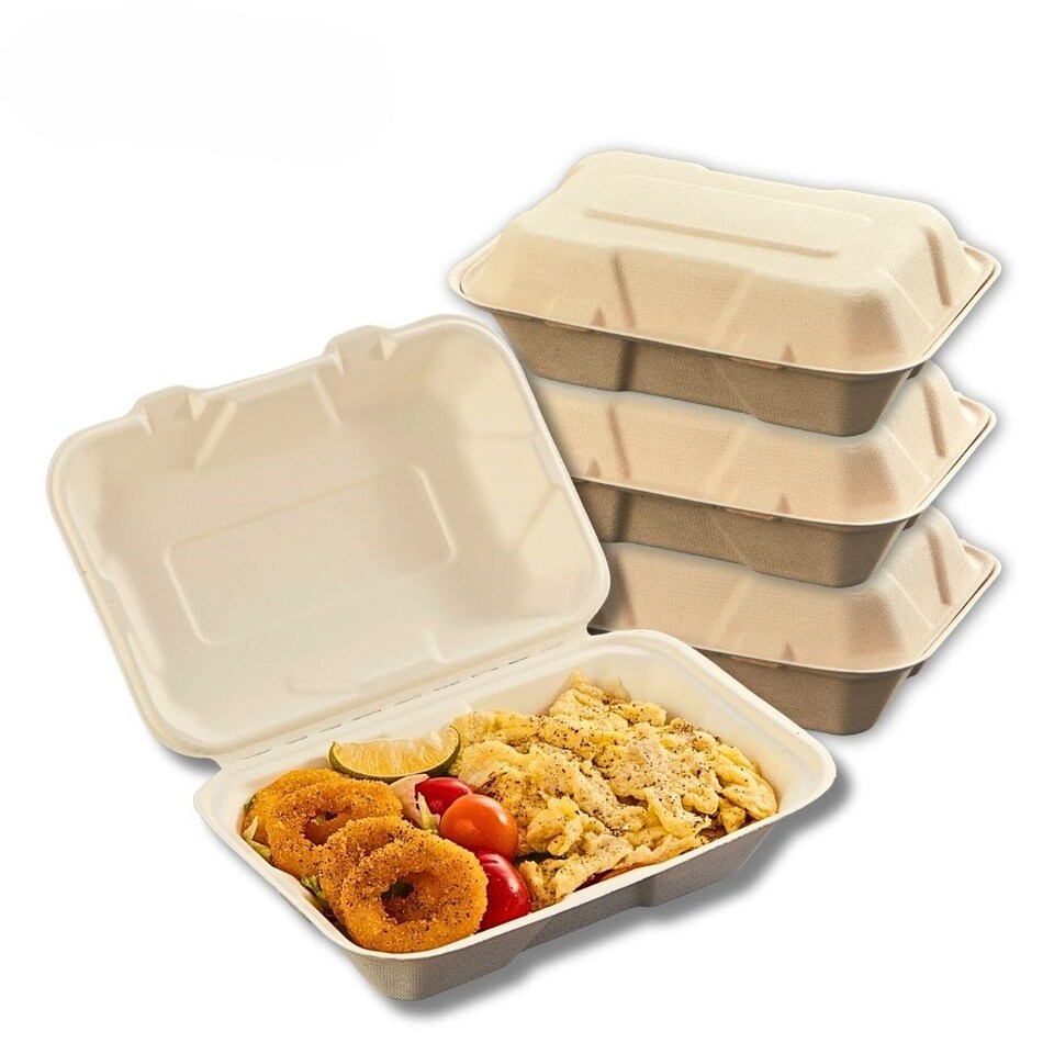 image 1 of Bagasse Sugarcane Takeaway Meal Boxes 9x6 Clamshell Food Containers TUV Home Compostable Certified, Unbleached, PFAS Free & Sturdy for Hot & Cold Food, Restaurants, BBQs Parties