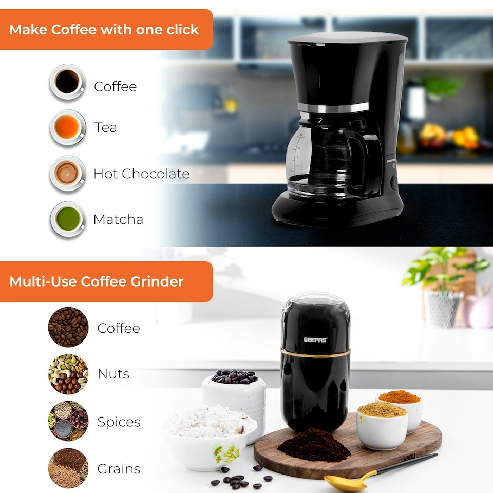 image 1 of GEEPAS 1.5L Filter Coffee Machine & Coffee Grinder 80g Capacity Combo Set