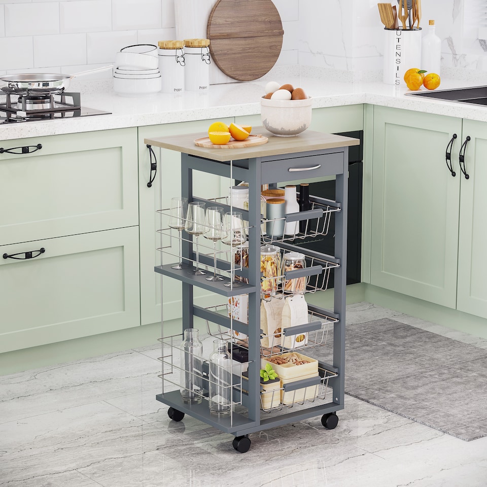 image 1 of HOMCOM Rolling Kitchen Cart, Utility Storage Cart with 4 Basket Drawers & Side Racks, Wheels for Dining Room, Grey