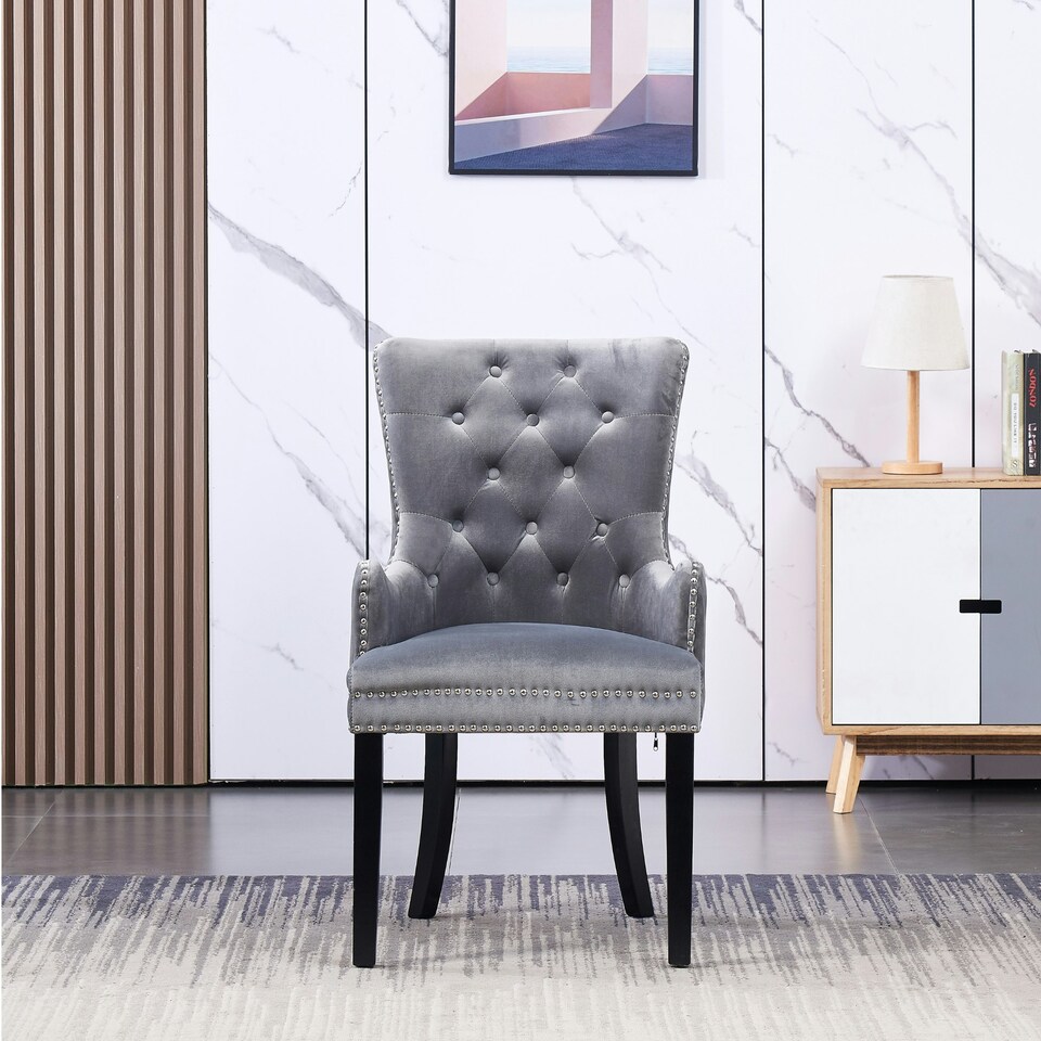 image 1 of Set of 2 Velvet Dining Chairs with Armrest, Ergonomic Scoop Knockerback & Button Tufted Wood Legs | Grey | Dark Grey