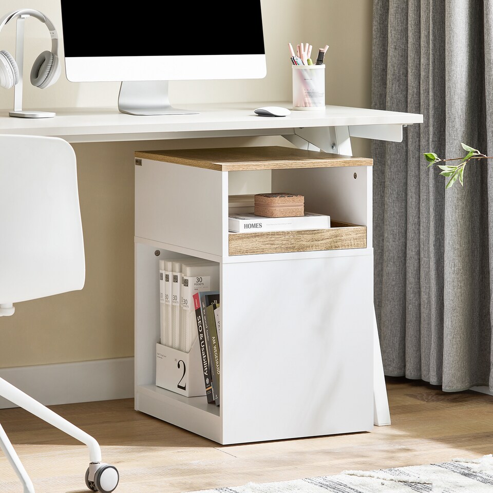 image 1 of SoBuy Printer Stand with Storage and Wheels, White & Natural Wood, 15.7x19.7x25.6 in, 16.1 kg - ASK08-WN
