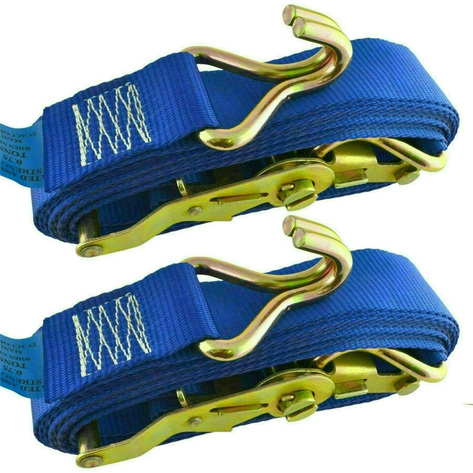 image 1 of Blue Ratchet Strap Tie Down Trailer 5m Hook Cargo Strap 750kg Lashing x 2 (Pair)