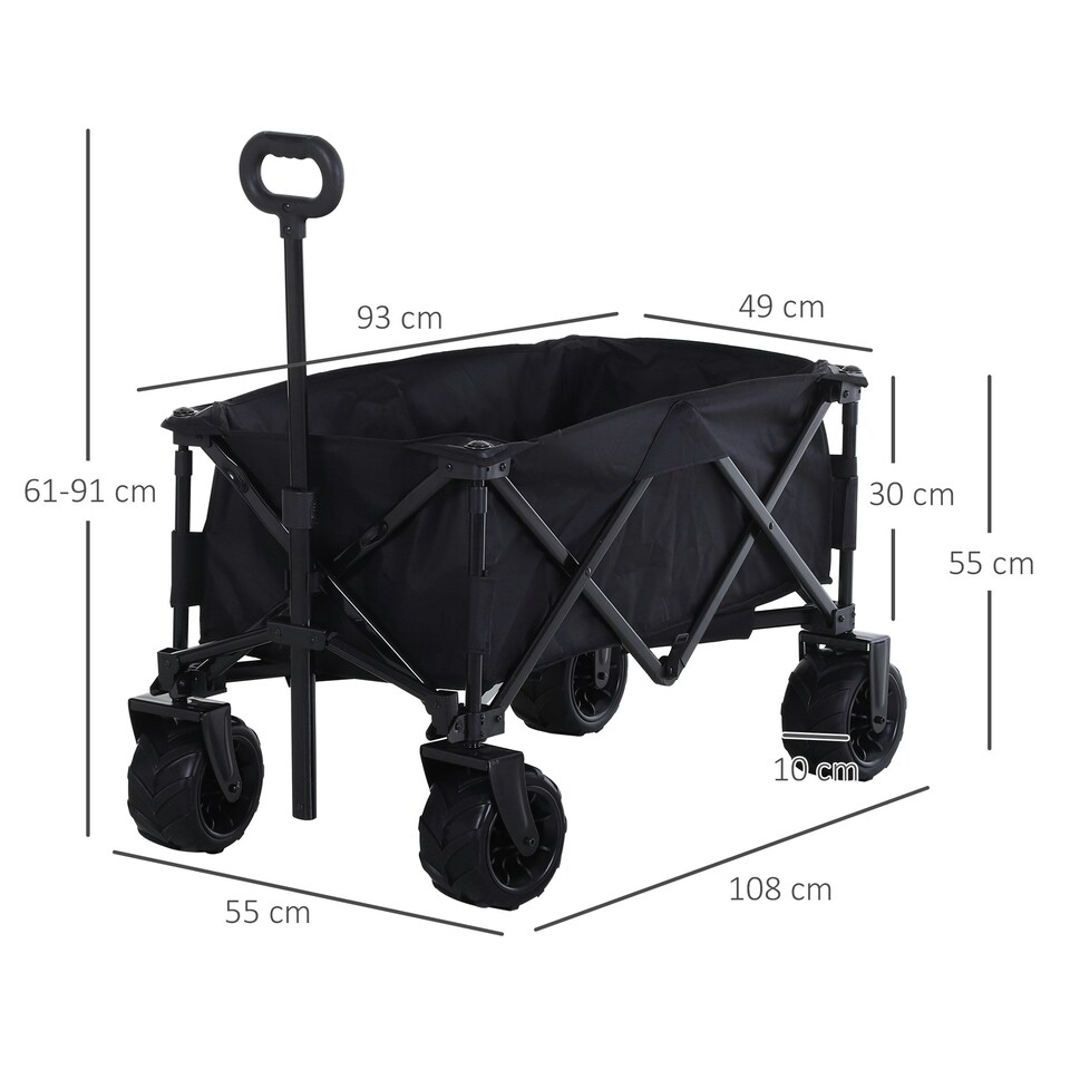 image 1 of Outsunny Outdoor Pull Along Garden Trolley on Wheels Folding Beach Cart Black