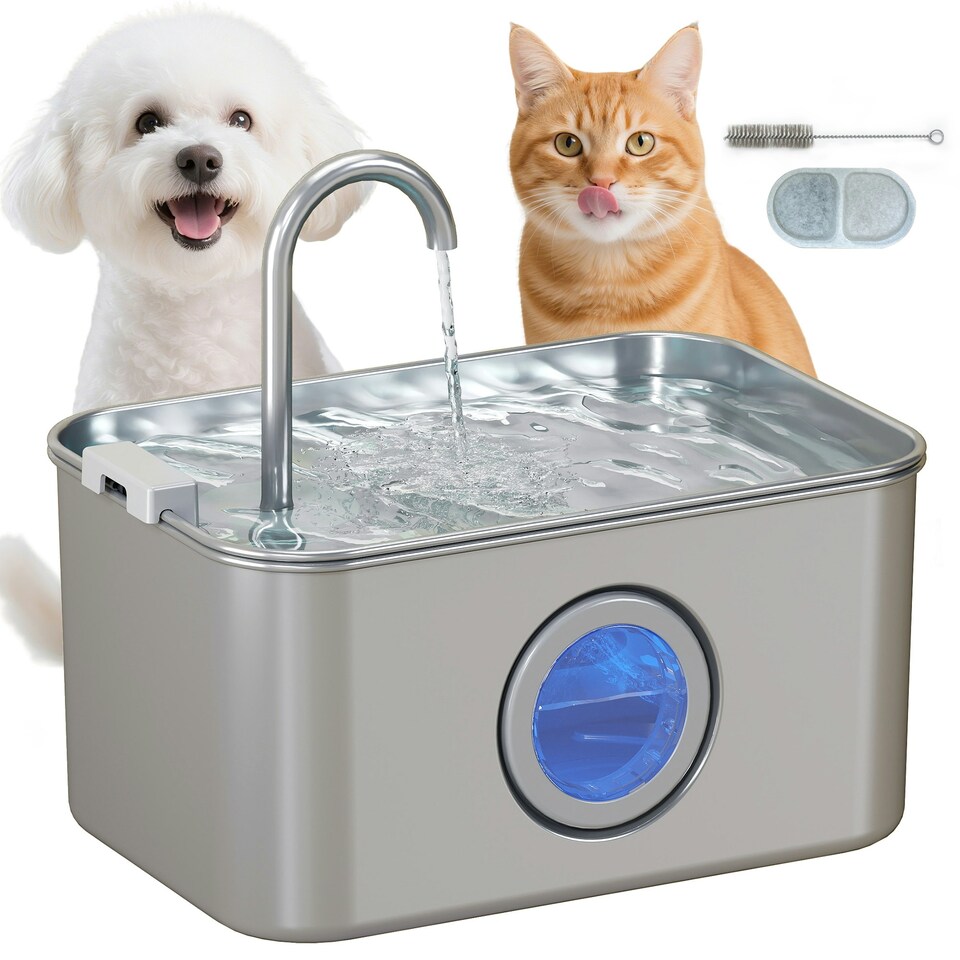 image 1 of PawHut 3.2L Cat Water Fountain for Drinking Stainless Steel Ultra-Silent Silver