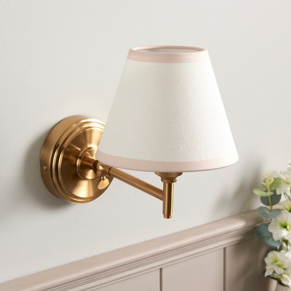 image 1 of Step Fold Brushed Aged Brass Plate Wall Light with Vintage White Fabric Ivy Shade 16cm B22