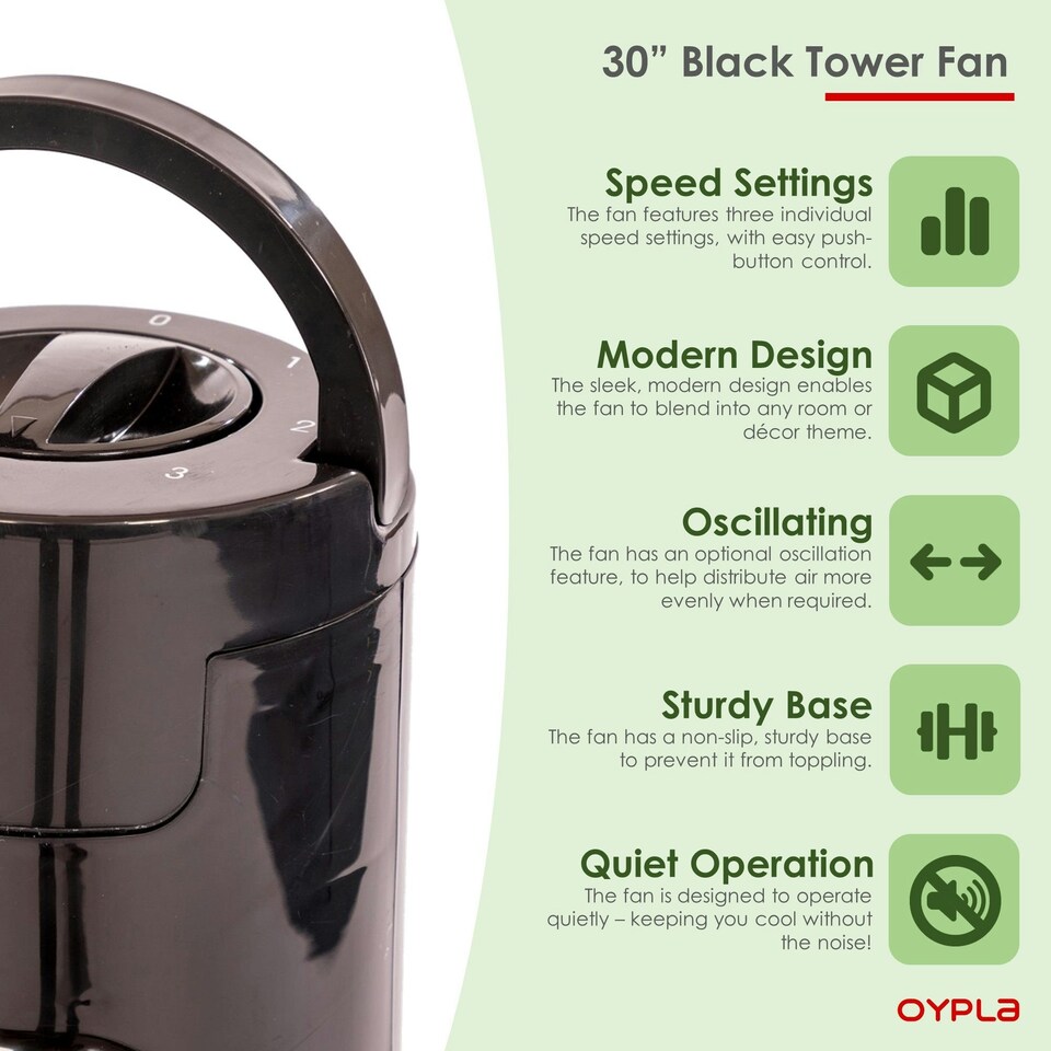 image 1 of Oypla Electrical 30" Free Standing Black 3-Speed Oscillating Tower Cooling Fan