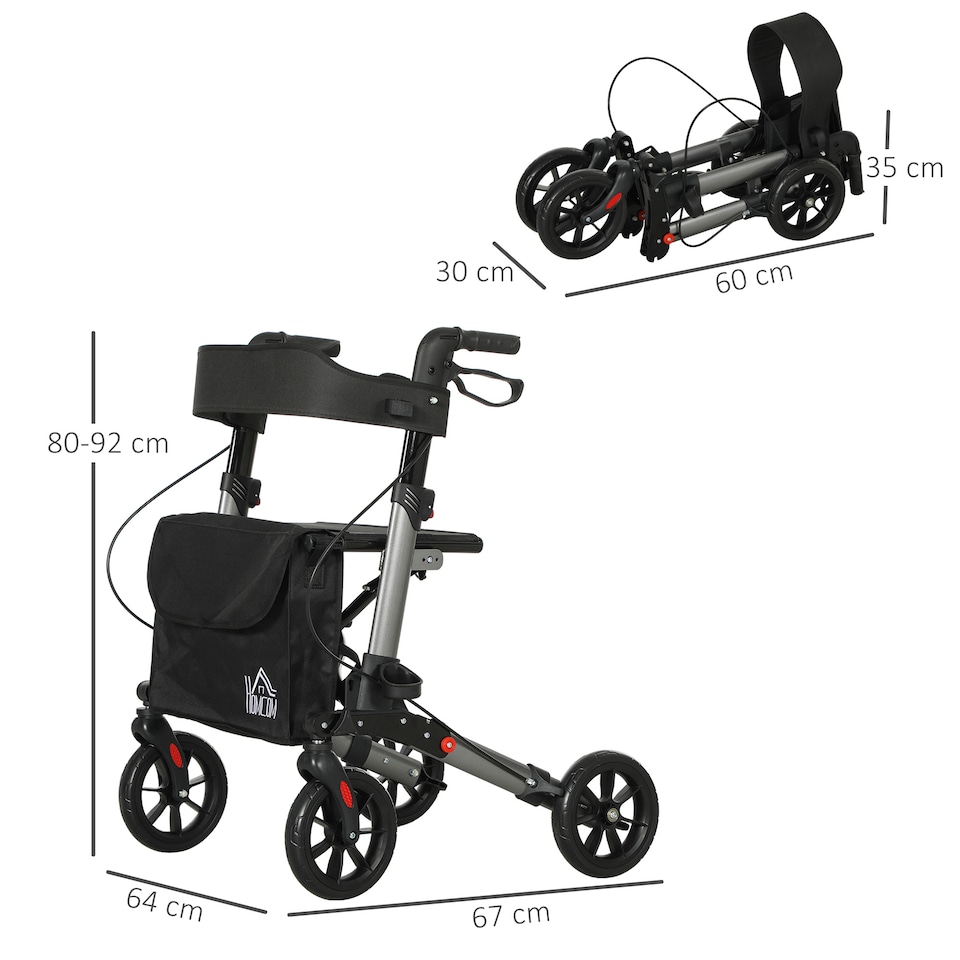 image 1 of HOMCOM 4 Wheel Rollator with Seat and Back, Folding Mobility Walker with Carry Bag, Adjustable Height, Dual Brakes, Cane Holder, Lightweight Aluminium Walking Frame for Seniors and Disabled, Silver