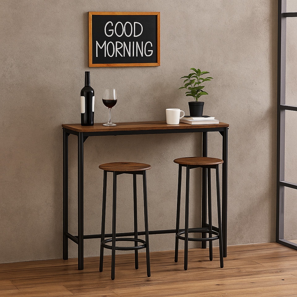 image 1 of CANCUN Bar Table & Stools Set Kitchen Dining Breakfast Industrial Furniture | Multi | 3 Piece Rustic Brown