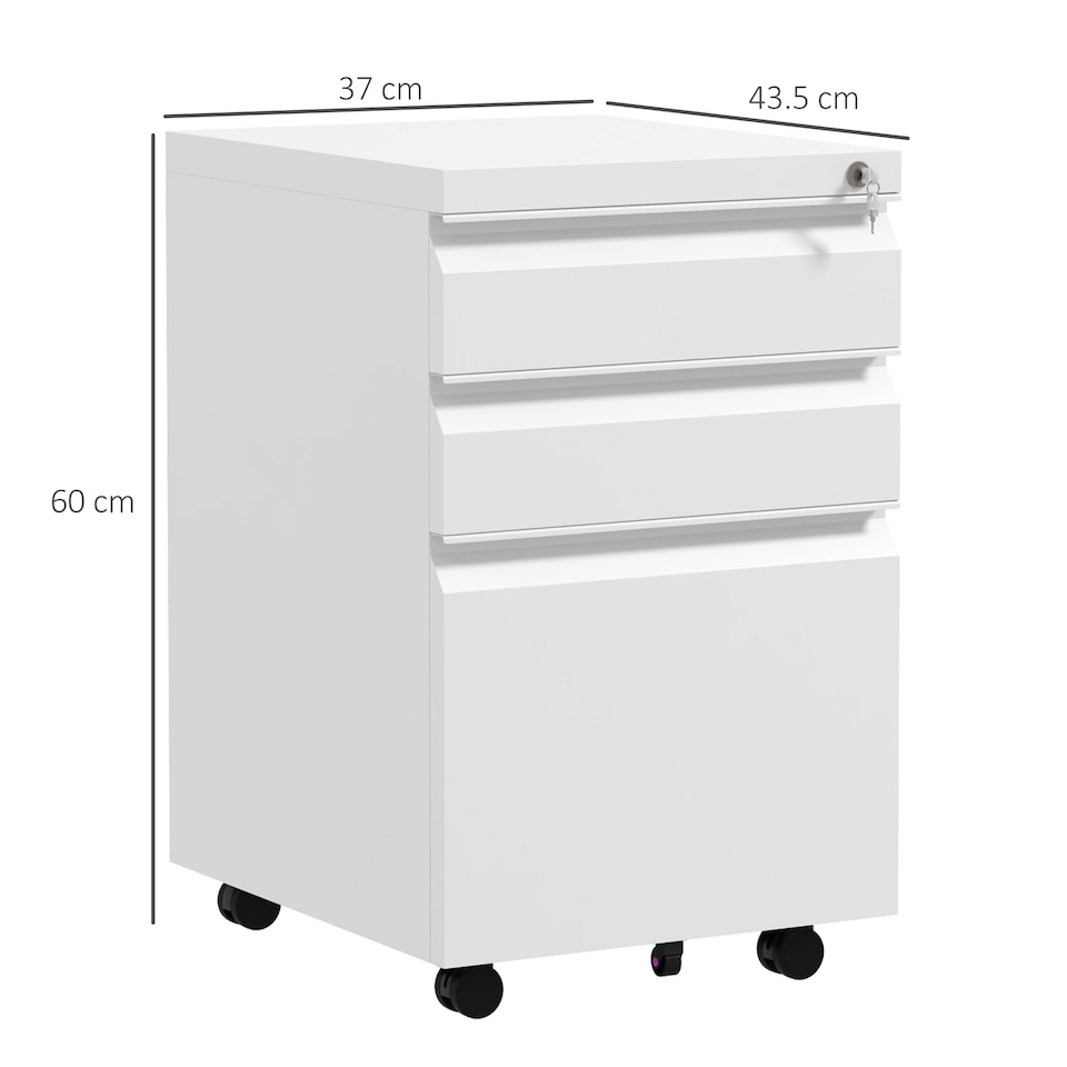 image 1 of Vinsetto 3-Drawer Filing Cabinet with Lock, Mobile Steel File Cabinet for A4, Legal and Letter Size, Under Desk Drawers with Pre-Assembled Body for Home Office, 37 x 43.5 x 60 cm, White | White | White