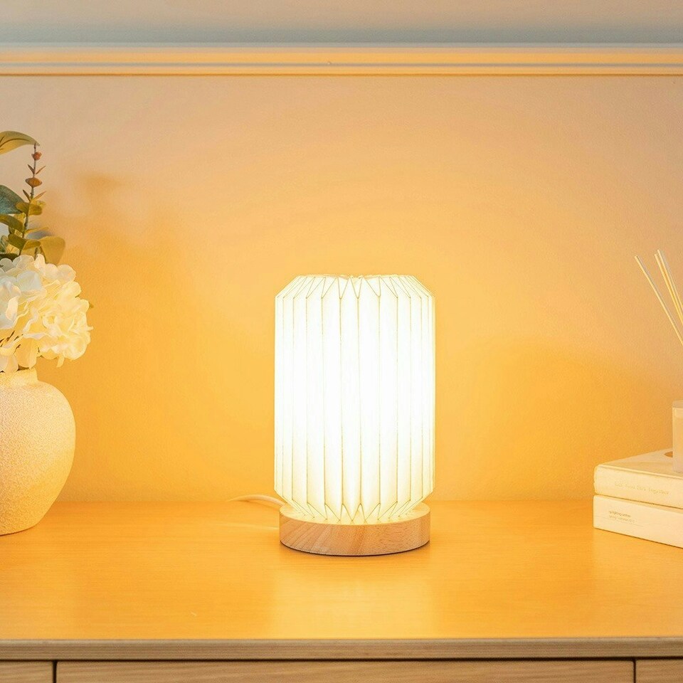 image 1 of ValueLights Maja Pair of Wooden Base Bedside Table Lamps with White Paper Fold Lampshade - Bulbs Included
