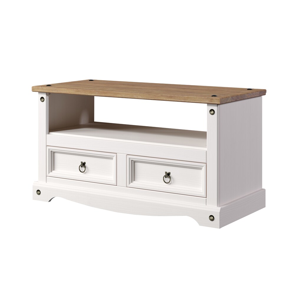 image 1 of Corona Flat Screen TV Unit - Antique Waxed Pine Media Cabinet with Drawers, Shelf, and Traditional Mexican Design | White | White | 1