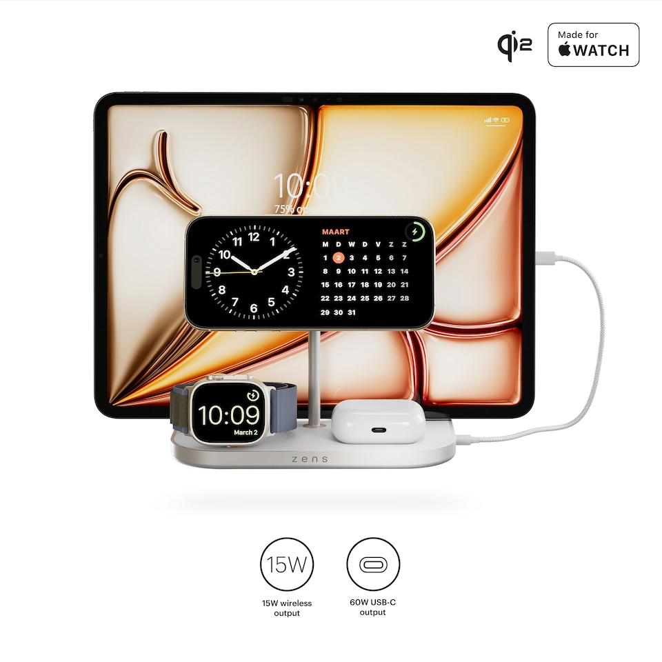 image 1 of Zens 4-in-1 Wireless Charger (incl. Wall Charger) - white