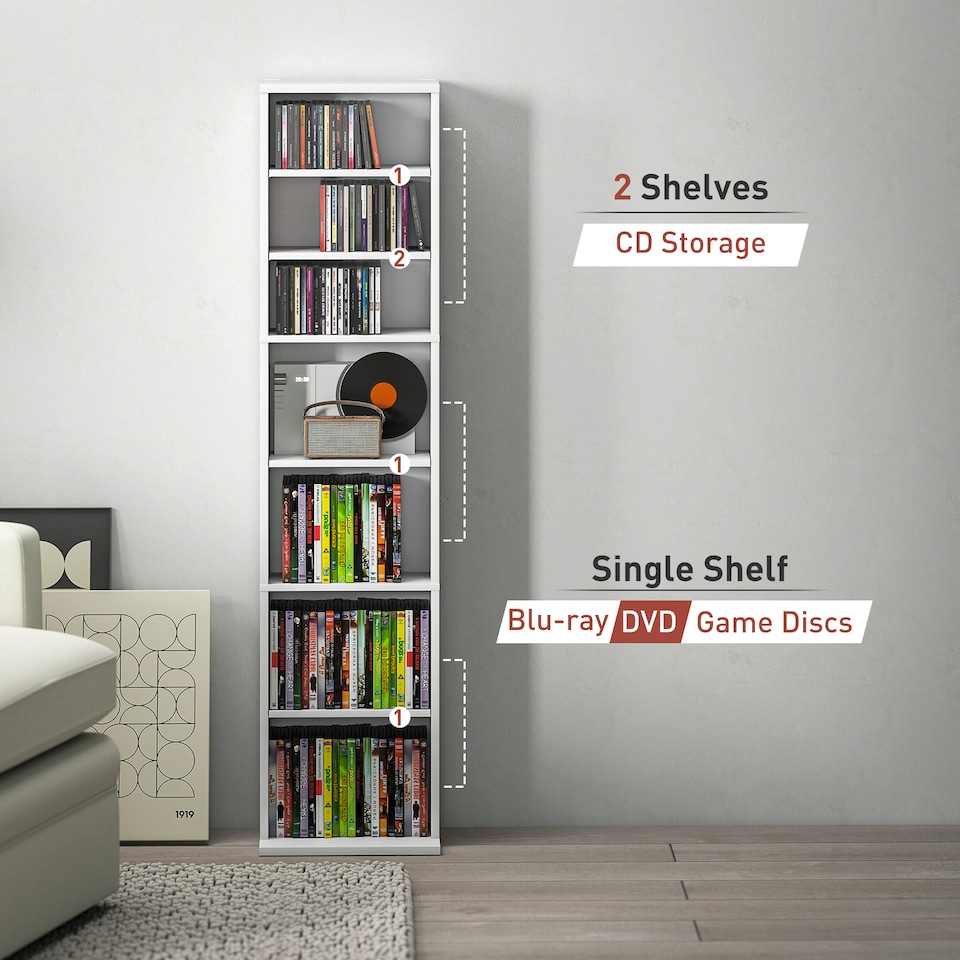 image 1 of HOMCOM 260 CD120 DVD Storage Unit, Blu-ray Media Storage Shelf with 9 Compartments and 6 Adjustable Shelves, CD Tower for Living Room, Bedroom, Office, White | White