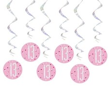 Pink Glitz Age 13 Holographic Hanging Swirl Decorations - Pack of 6