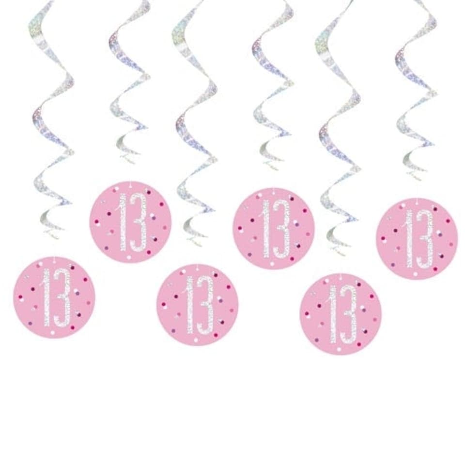 Pink Glitz Age 13 Holographic Hanging Swirl Decorations - Pack of 6