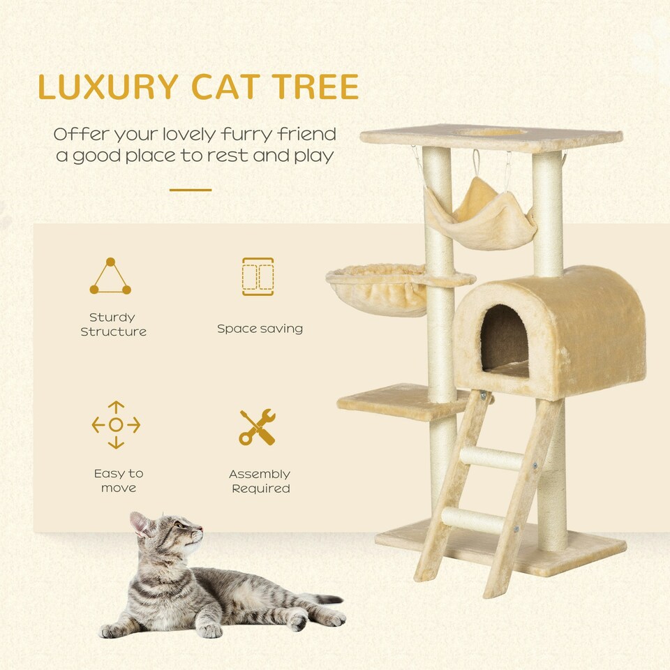 image 1 of PawHut Cat Tree Scratching Post Kitten Activity Centre with Hammock, Beige