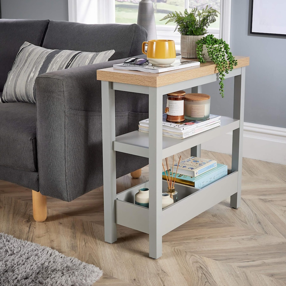 image 1 of Side Table Grey Oak Effect Top Storage Shelves Organiser Home Room Furniture