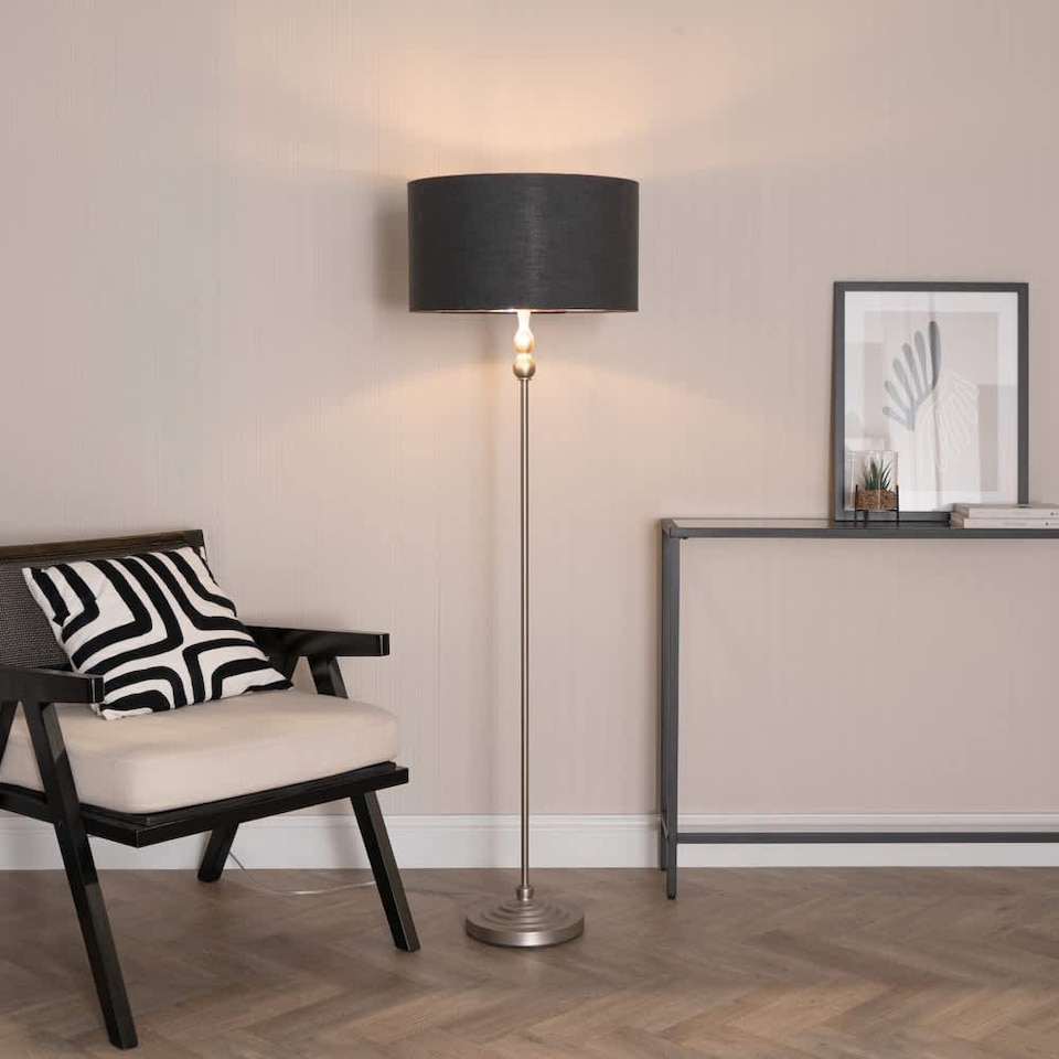 image 1 of ValueLights Maggie Chrome Candlestick Floor Lamp Charcoal Chrome Shade & Bulb | Grey
