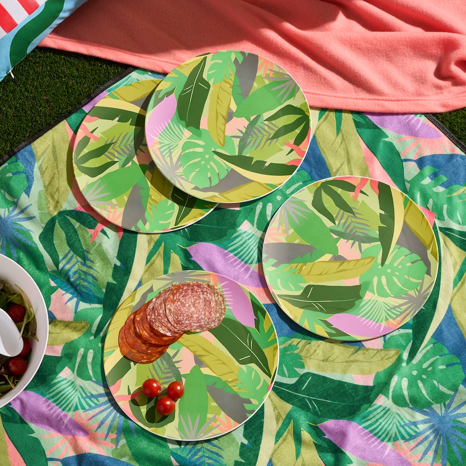 image 1 of OHS Summer Print Plastic Picnic Plates Set of 4 Lightweight Outdoor | Green | Colourful Palm