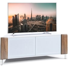 MDA Designs CORVUS Corner-Friendly Gloss White Contemporary Cabinet with Walnut Profiles White BeamThru Glass Doors Suitable for Flat Screen TVs up to 50" | Multi | 1