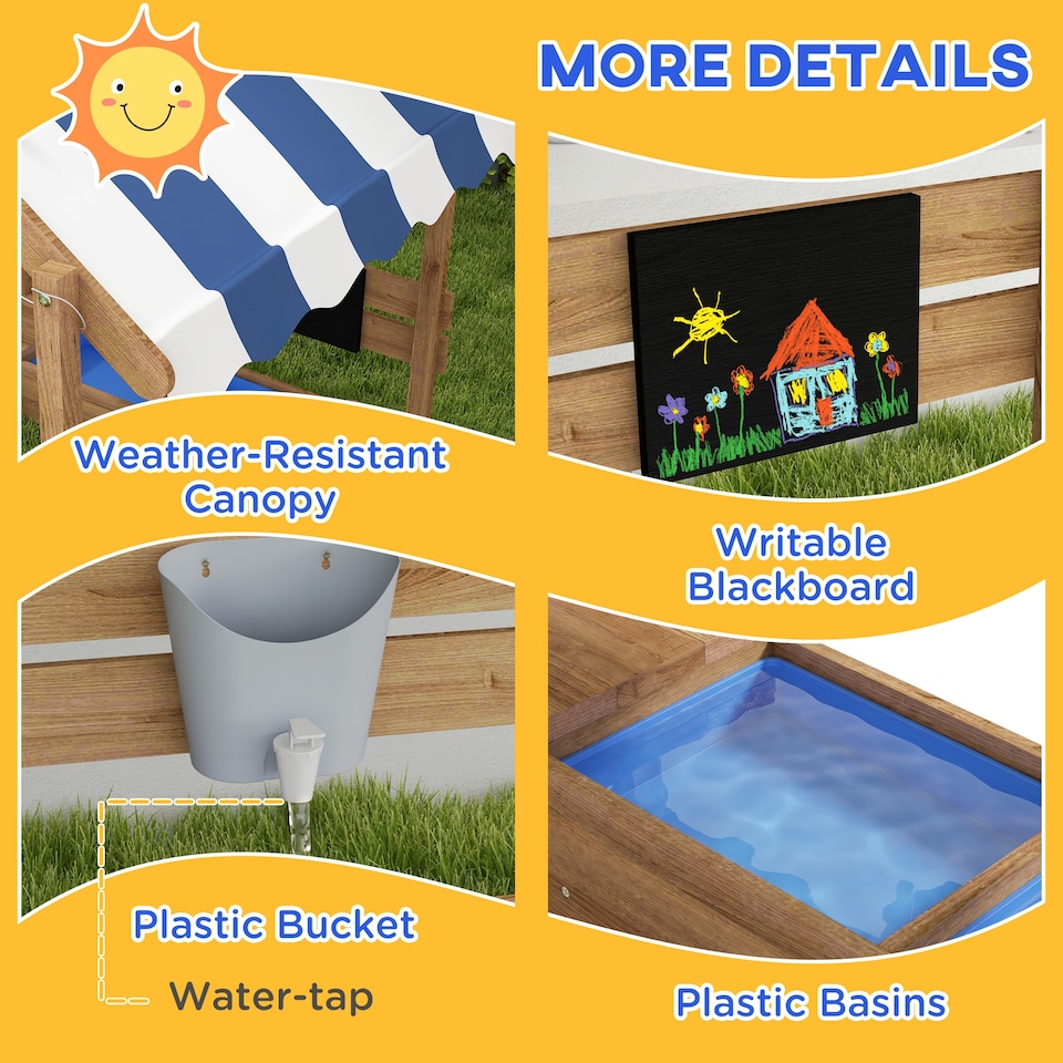 image 1 of Outsunny Sand Pit with Canopy, Blackboard, Toys, Sink, Seats, Flags for Kids