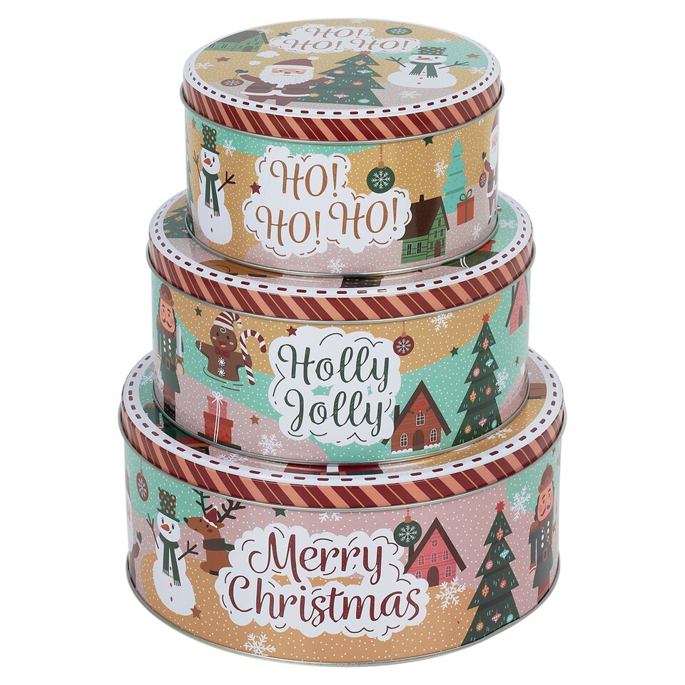 image 1 of Christmas Cookie and Cake Nesting Tin Set | Multi | Santa & Snowman | 3