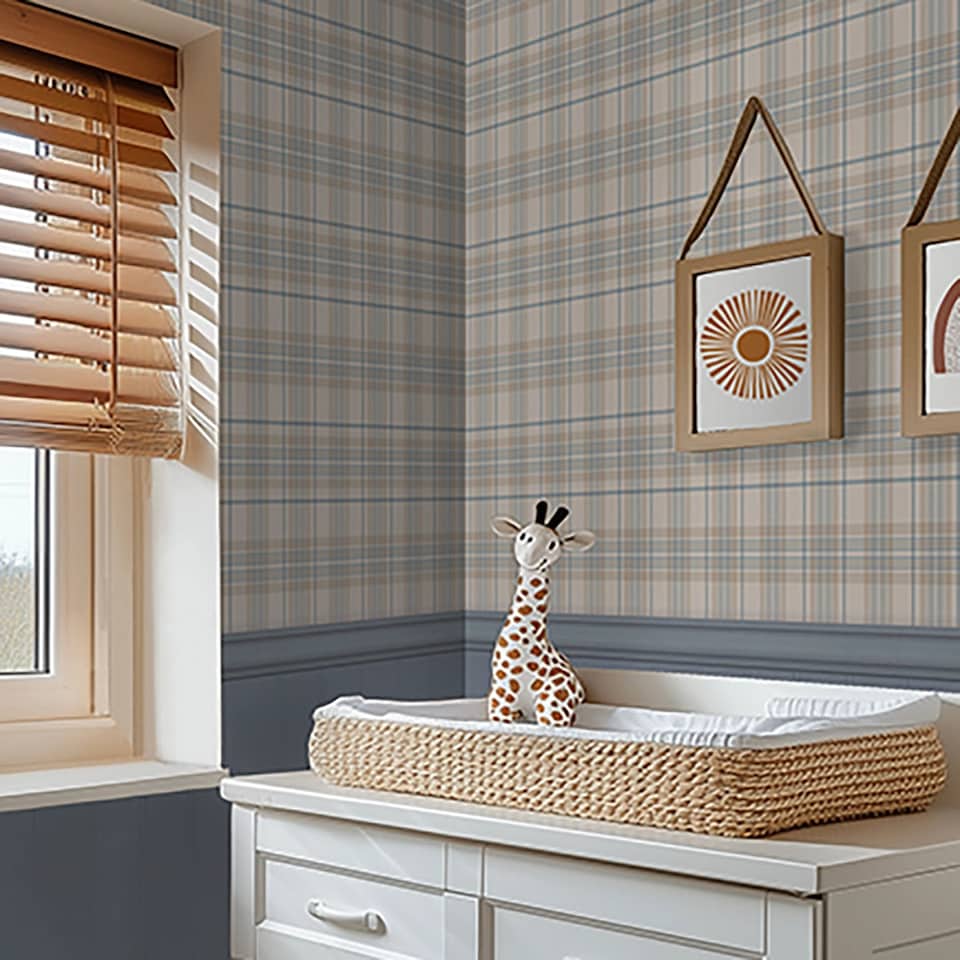 image 1 of Sample of Traditional Check Panel Wallpaper in Cream and Blue with Blue Panel | Blue | Blue