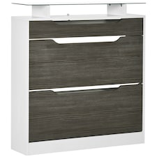 HOMCOM Shoe Cabinet with 3 Drawers, High Gloss Front Panels, Glass Top Grey