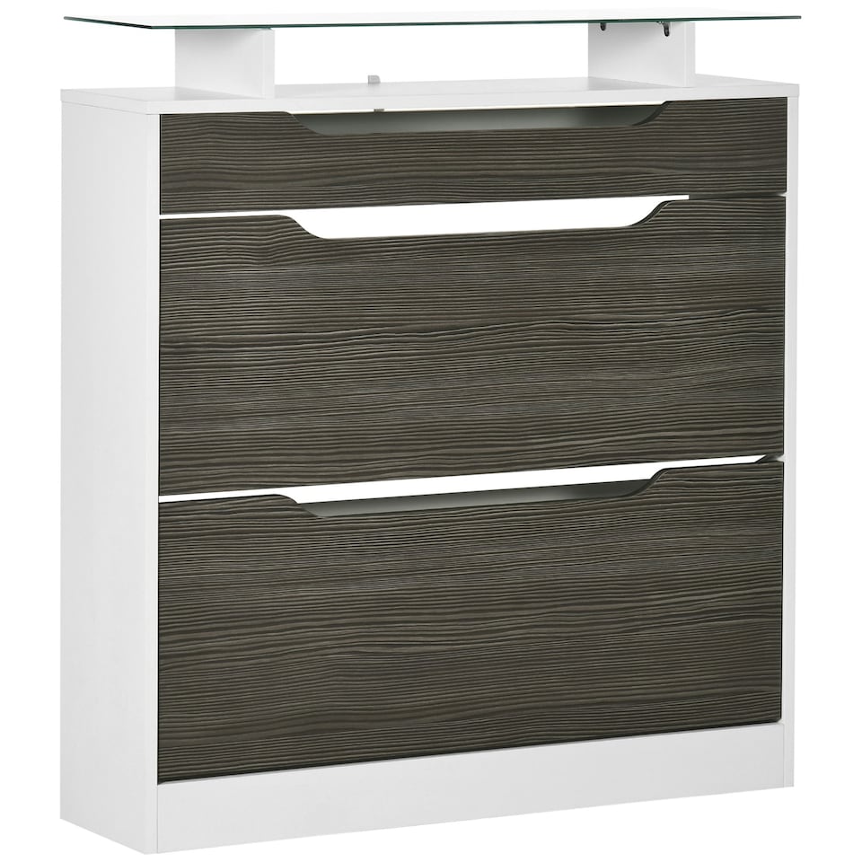 image 1 of HOMCOM Shoe Cabinet with 3 Drawers, High Gloss Front Panels, Glass Top Grey