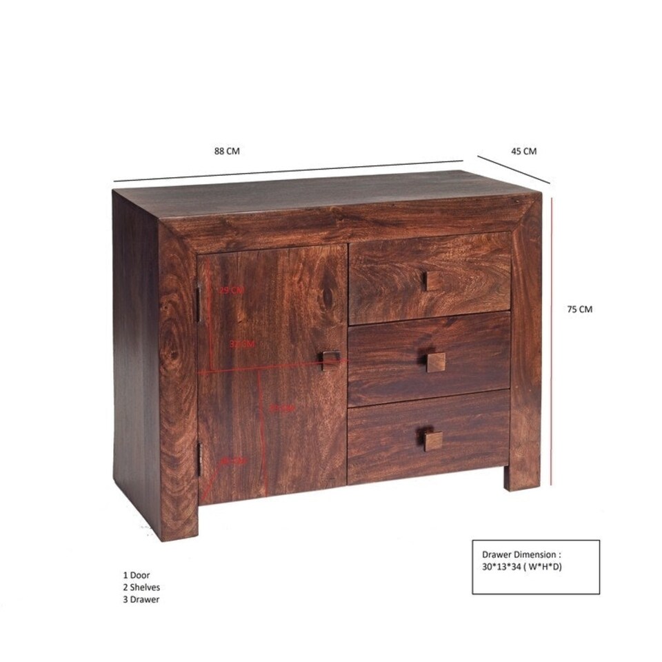 image 1 of Toko Dark Mango 3 Drawer Sideboard - Solid Mango Wood - L45 x W88 x H75 cm Brown