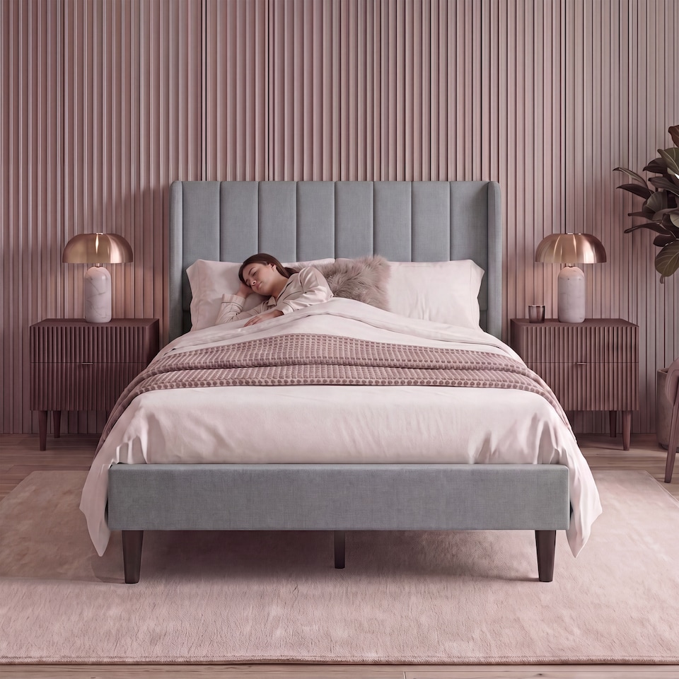 image 1 of Vida Designs Vianna Light Grey Linen Fabric Bed Frame with Headboard - Double