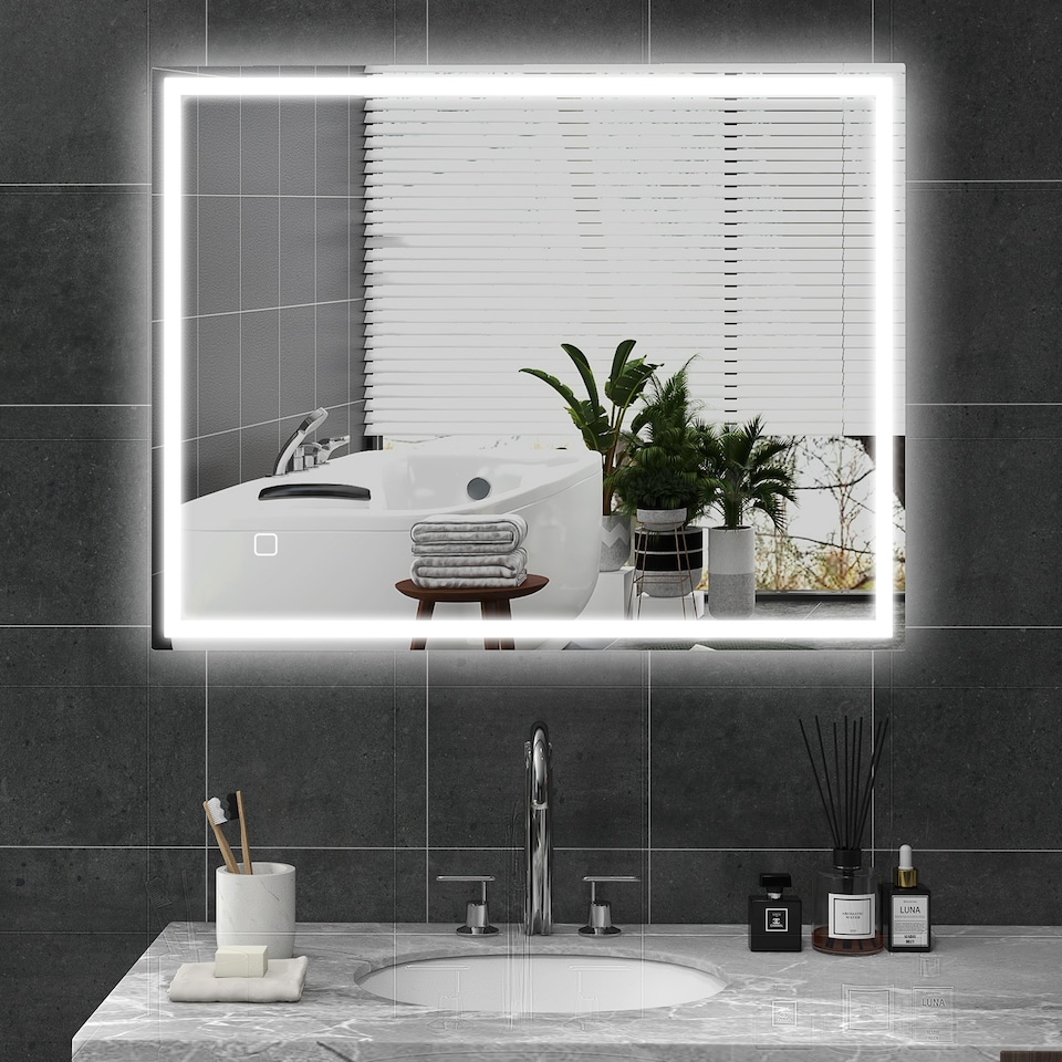image 1 of HOMCOM Bathroom Mirror with LED Lights, Illuminated Makeup Mirror with 3 Colours, Defogging Film and Memory Function, Hardwired