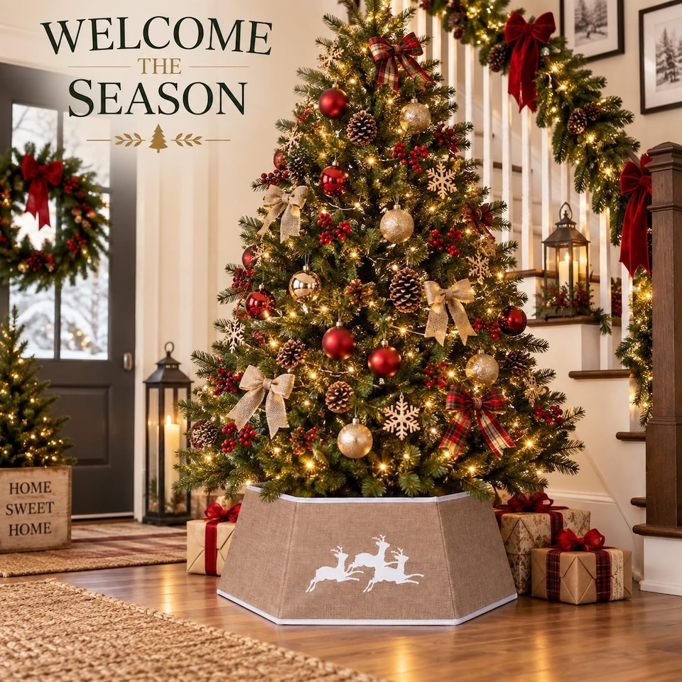 image 1 of 26.8 Inch Hexagonal Fabric Christmas Tree Collar in Beige for a Neat Festive Finish