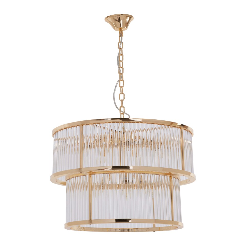 image 1 of Interiors by Premier 2 Tier Gold Finish Glass Chandelier, Modern Drum Style Glass Rod Chandelier With Warm Ambient Light Gold