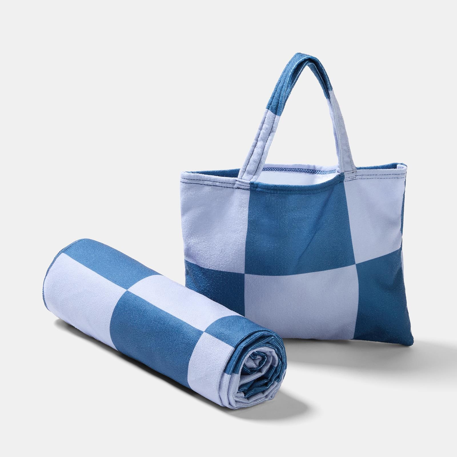 OHS Checkerboard Beach Towel with Bag Quick Dry Absorbent Travel Spa in Blue